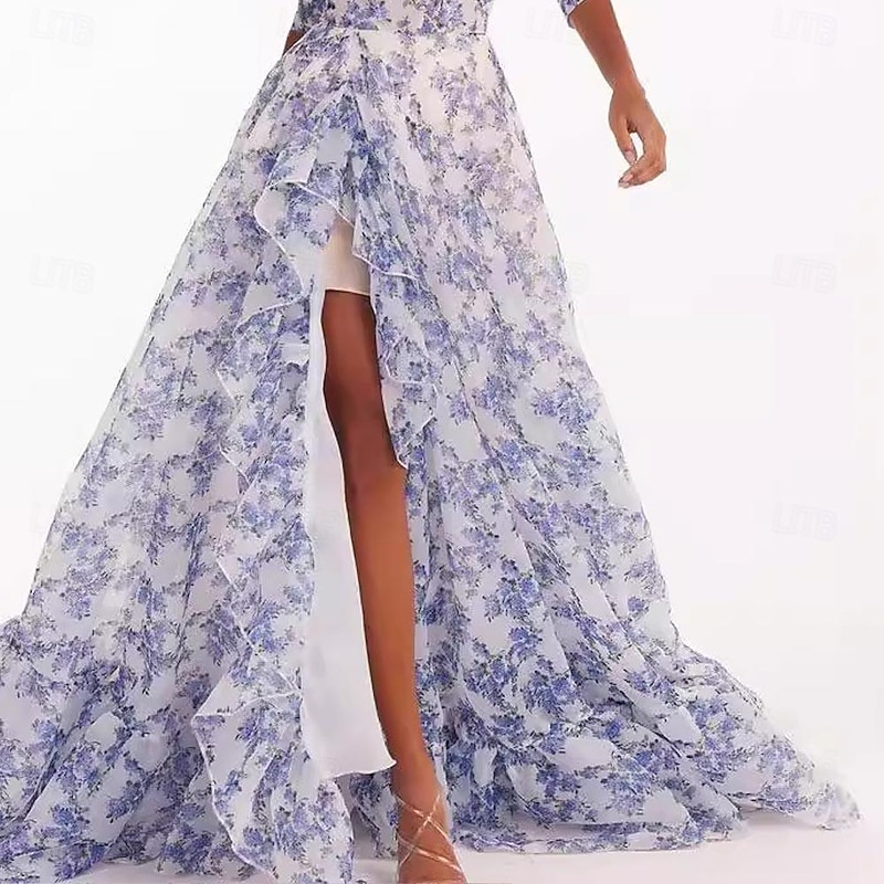 Women's Beach Dress Floral Print Asymmetrical Off Shoulder Lantern Sleeve Long Dress Maxi Dress Cute Stylish Wedding Valentine's Day Short Sleeve Summer Spring3