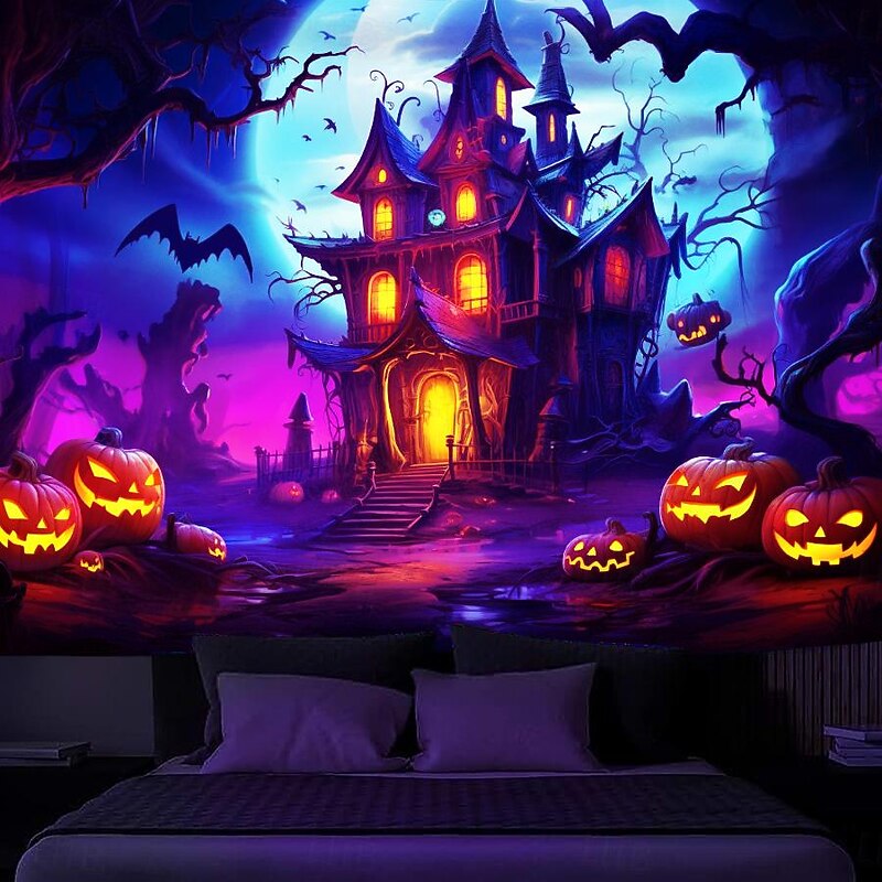 Halloween Decorations Hunted House Blacklight Tapestry UV Reactive Glow in the Dark Misty Graveyard Hanging Tapestry Wall Art Mural for Living Room Bedroom3
