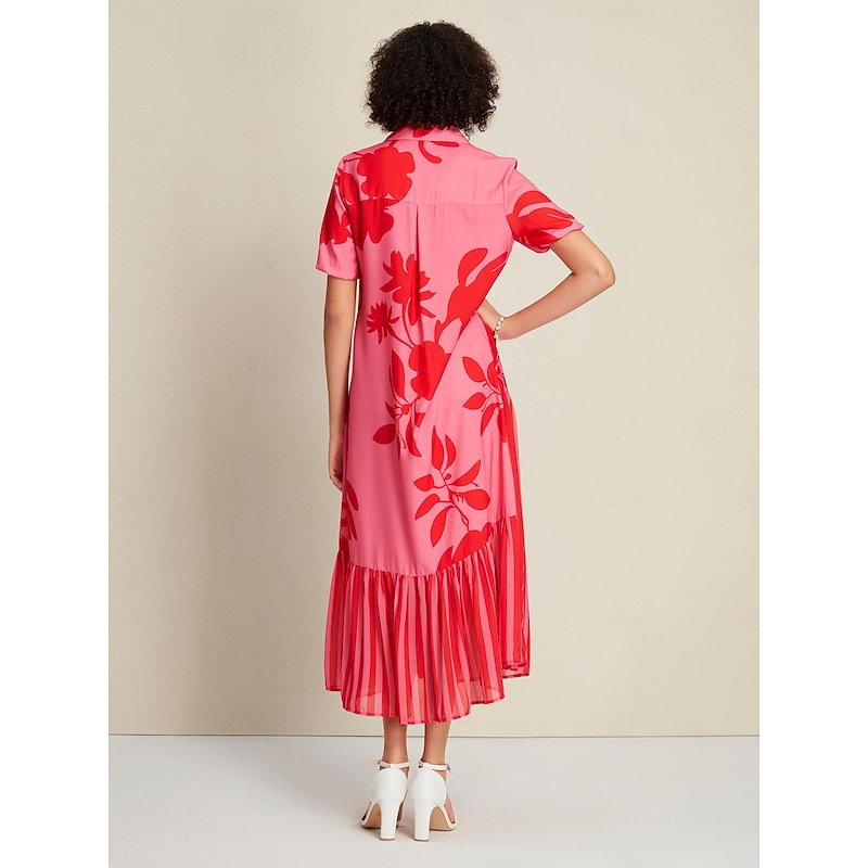 Chiffon&Satin Rose Red Floral Stripe Asymetric Hem Short Sleeve Maxi Dress2