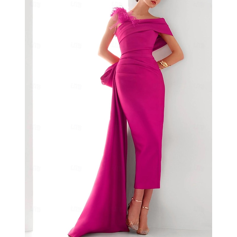 Sheath Evening Gown Elegant Dress Formal Sweep / Brush Train Sleeveless One Shoulder Satin with Feather Bow(s)3