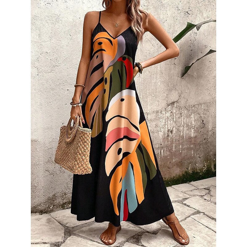 Women's Maxi Dress Sundress A Line Dress Floral Dress Stylish Flowy Vacation Casual Beach Loose Fit Oil Painting Sleeveless V Neck Black Summer2