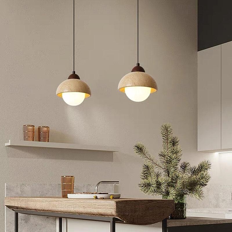 LED Pendant Light Stone Warm White 15cm 1-Light Minimalist Metal Lampshade Circular Marble Chandelier Chinese Style Ceiling Hanging Lamp for Porch Balcony Corridor 110-240V