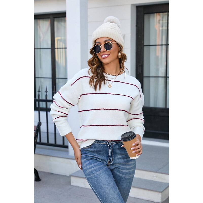 Women's Sweater Stylish Basic Striped Ribbed Crew Neck Stripe Long Sleeve Long Tops Knit Work Black White Spring Fall3