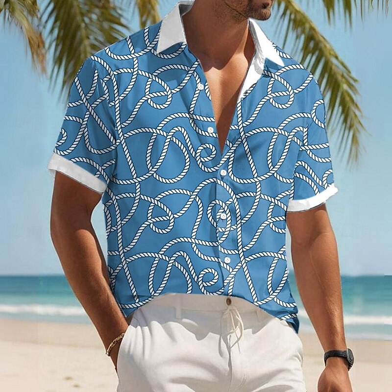 Men's Geometric Lines / Waves Geometric Pattern Button Up Shirt Printed Shirts Short Sleeve Casual Outdoor Vacation Daily Summer Turndown Print Button-Down Yellow Blue Green