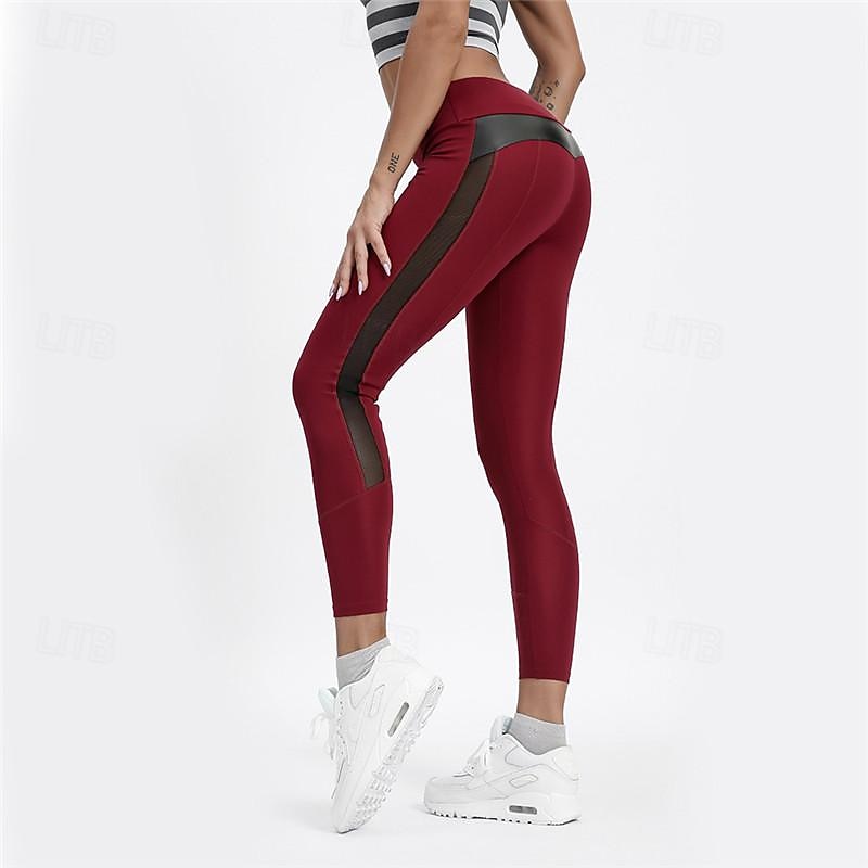 Women's Yoga Pants Yoga Leggings Patchwork Mesh High Waist Pilates Gym Workout Workout Tights Solid Color Black Burgundy Dark Navy Spandex Sports Activewear Stretchy Slim2