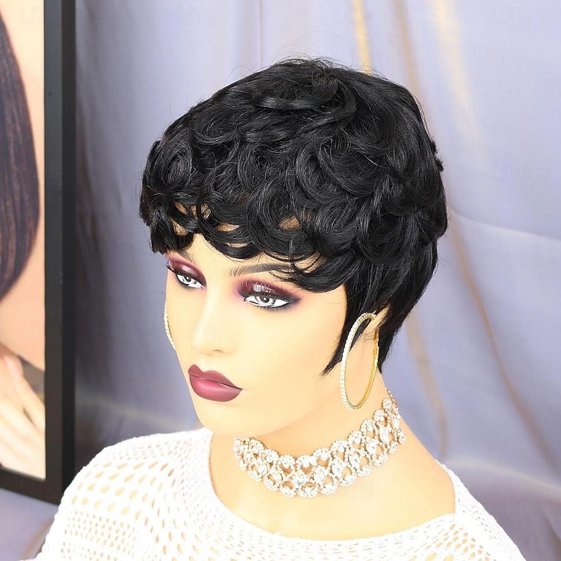 Human Hair Wig Short Curly Pixie Cut Natural Black Adjustable Natural Hairline For Black Women Machine Made Capless Brazilian Hair Women's Natural Black #1B 6 inch Daily Wear Party & Evening3