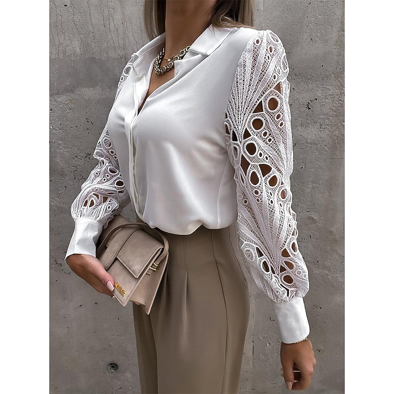 Women's Blouse Lace Eyelet Work Stylish Modern Long Sleeve Black Summer Spring3