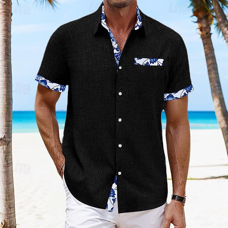 Men's Shirt Linen Shirt Summer Shirt Summer Hawaiian Shirt Color Block Vacation Curise Black White Pink Dark Navy Short Sleeve Fold-over Collar Spring & Summer Clothing Apparel Patchwork3
