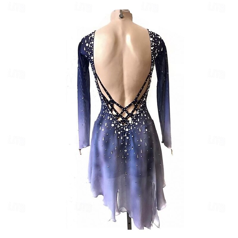 Figure Skating Dress Women's Ice Skating Skirt Dress Purple Thumbhole Open Back Spandex High Elasticity Professional Competition Skating Wear Thermal Warm Classic Crystal / Rhinestone Long Sleeve Ice2