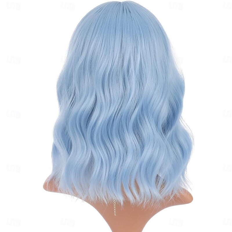 Wig Short Bob Wig Short Blue Wigs for Women Curly Wavy Wig with Air Bangs Heat Resistant Synthetic Hair Wigs for Daily Use Halloween Cosplay Party Wigs4