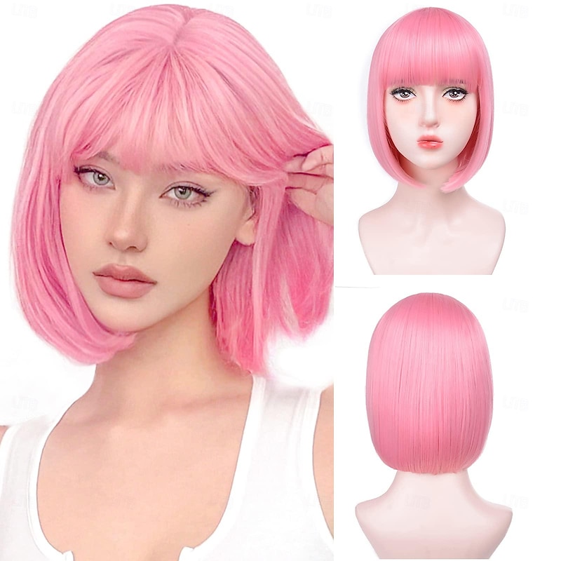 Short Bob Wigs With Bangs - Straight bob wig for women12inch Synthetic wig Heat Resistant Fiber Hair Natural Halloween Cosplay Party Wigs