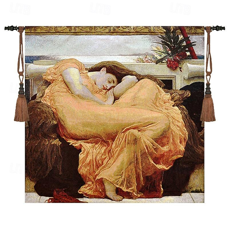 Jacquard Woven Tapestry Gobelin Aubusson Wall Art Hanging Large Tapestry Reproduction Loom Cotton Weave Flaming June Belgian Tapestry (without tassels and rod)2