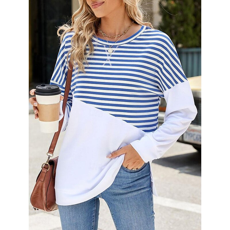 Women's Sweatshirt Casual Striped Dailywear Crew Neck Print Long Sleeve Black Red Blue Green Spring Fall