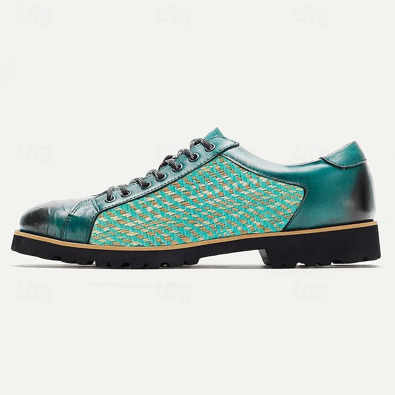 Men's Green Woven Leather Sneakers with Lace-Up Design - Stylish and Comfortable for Casual Wear3