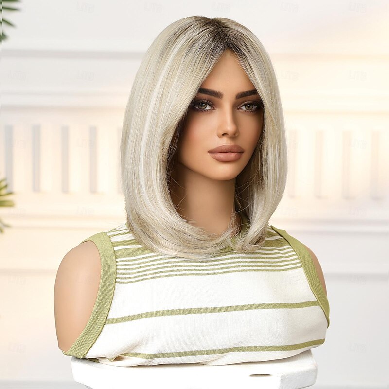 Synthetic Wig Uniforms Career Costumes Princess Straight kinky Straight Middle Part Layered Haircut Machine Made Wig 14 inch Light golden Synthetic Hair Women's Cosplay Party Fashion Blonde3