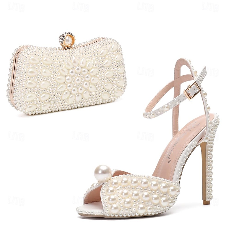 Women's Wedding Shoes Dress Shoes Ankle Strap Heels Comfort Shoes Wedding Party Color Block Contrast Color Wedding Heels Wedding Sandals Bridal Shoes Rhinestone Crystal Imitation Pearl Stiletto Round2