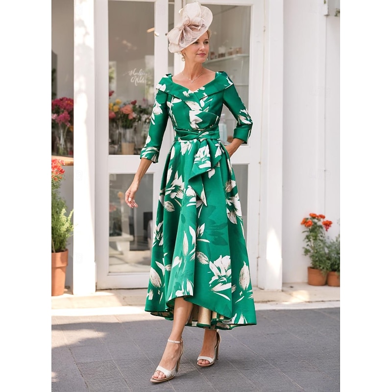 A-Line Mother of the Bride Dress Elegant V Neck Tea Length Satin 3/4 Length Sleeve with Sash / Ribbon Wedding Guest Dress3