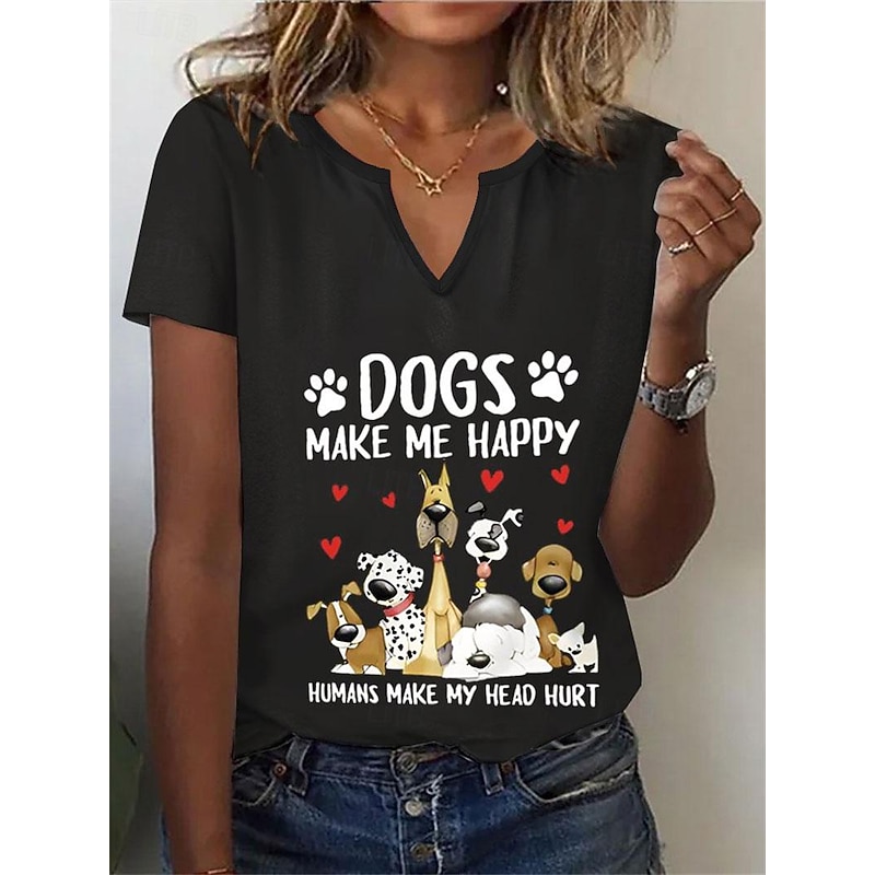 Women's T Shirt Henley Shirt Basic Dog Letter Print Short Sleeve Regular Tops V Neck Daily Weekend Black White Red4