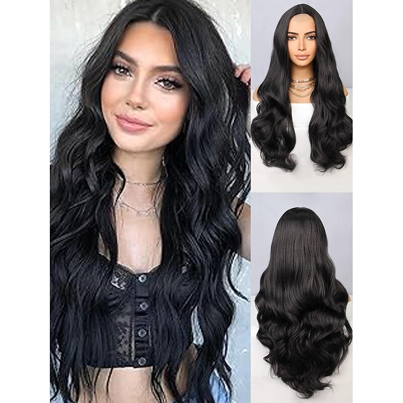 Synthetic Lace Wig Deep Wave Style 26 inch Black Middle Part U Part Wig Women Wig Black Halloween Wigs