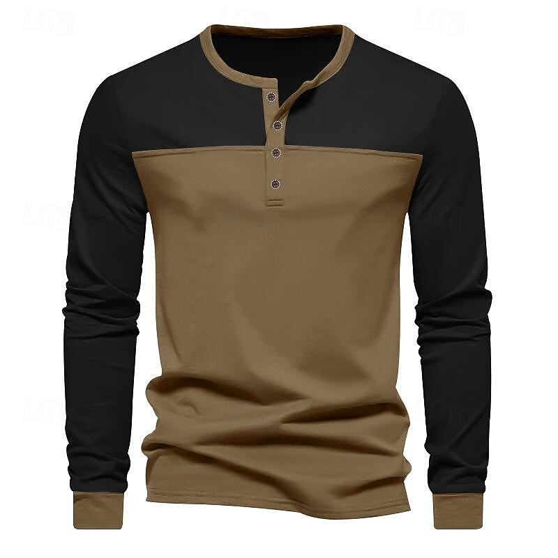 Men's Button T Shirt T Shirt Henley Shirt Tee Long Sleeve Henley Spring &  Fall Color Block Fashion Designer Basic Patchwork Vacation Street Going out Black Brown Army Green Top Tee for Men3