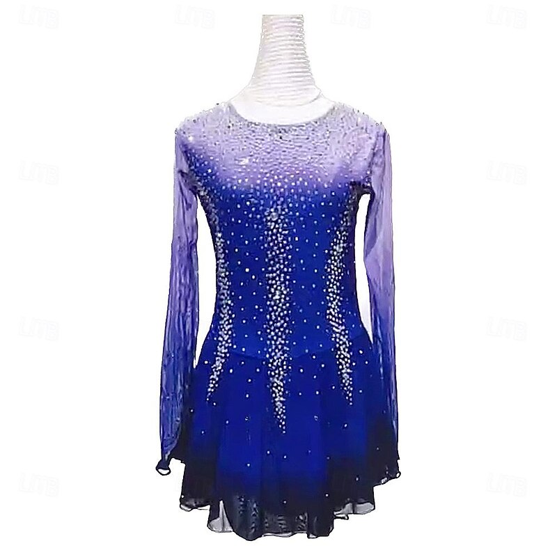 Figure Skating Dress Women's Girls' Ice Skating Dress Black Blue Dark Blue Patchwork Thumbhole Mesh High Elasticity Training Competition Skating Wear Classic Long Sleeve Ice Skating Figure Skating