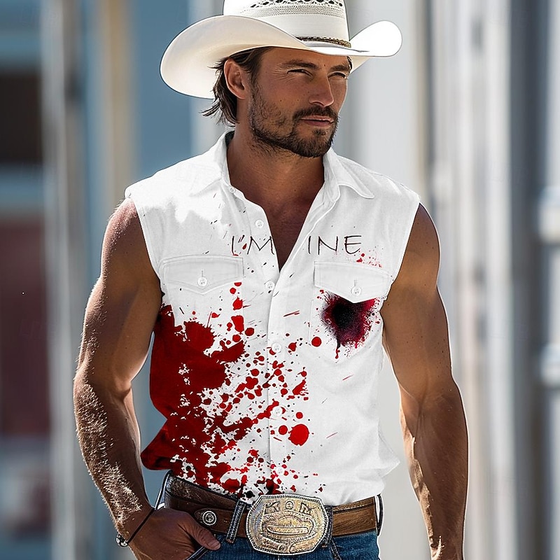 Men's Blood Splatter Letter Printed Blood stains Shirt Western Shirt Sleeveless Western Style Dark Outdoor Work Party / Evening Summer Spring Shirt Collar White