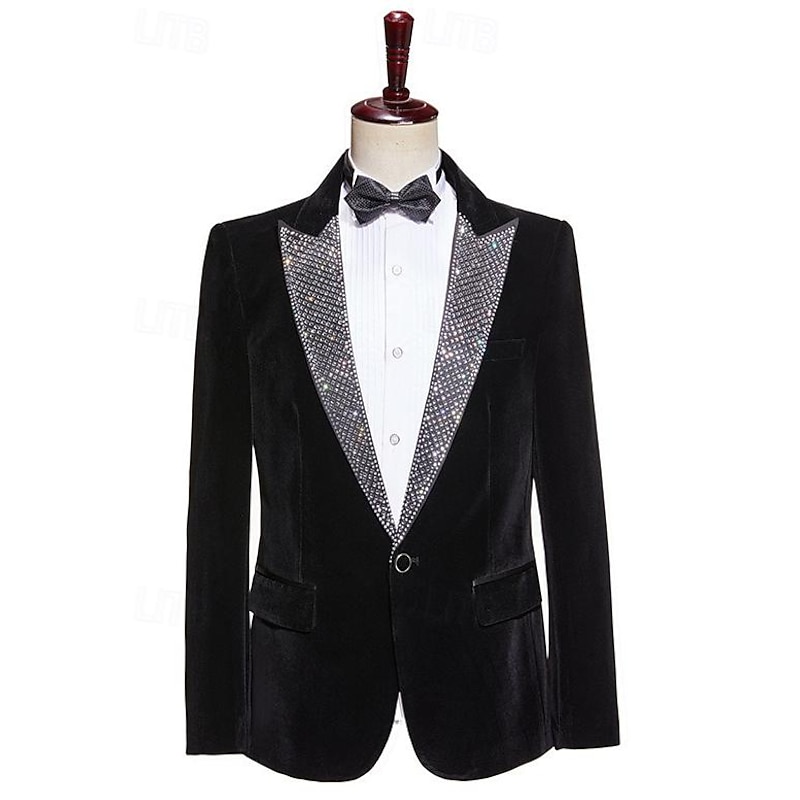 Men's Blazer Jacket Tuxedo Closure collar Party Luxury Sparkle Solid Colored Blazer Black Tailored Fit