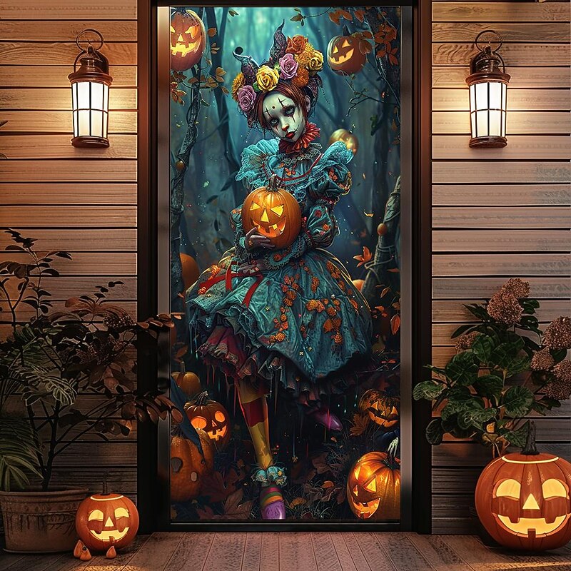 Halloween Door Decorations Halloween Door Covers Evil Clown Door Tapestry Door Curtain Decoration Backdrop Door Banner for Front Door Farmhouse Holiday Party Decor Supplies