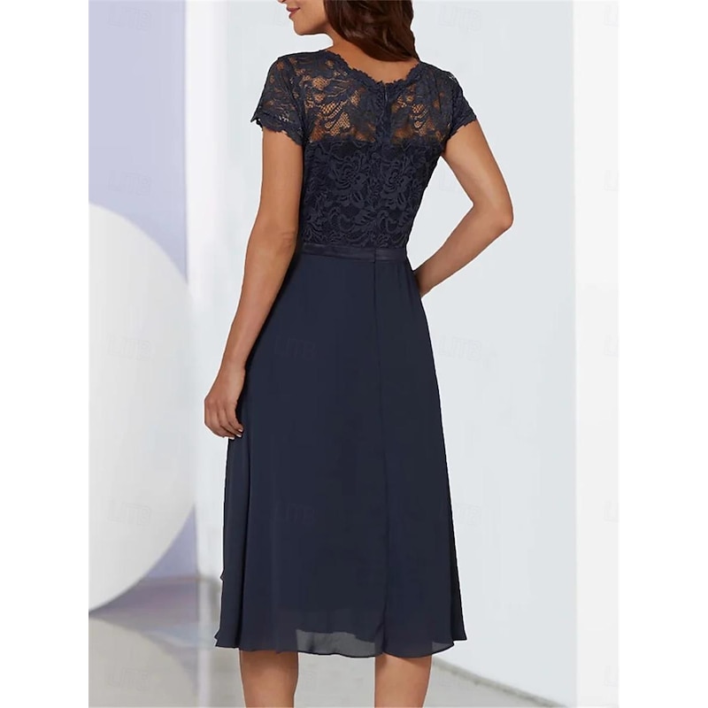 Women's Lace Dress Midi Dress Lace Lace Patchwork Party Wedding Guest Work Elegant Formal Crew Neck Short Sleeve Dark Blue Color2