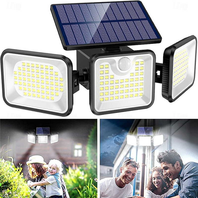 Solar Powered 180LED Outdoor Human Body Infrared Three Head Sensing Outdoor Courtyard Garden Landscape Lighting Wall Lamp Garage Road Light 1PC