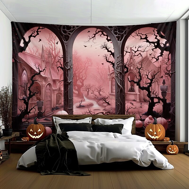 Pink Halloween Decorations Window Hanging Tapestry Wall Art Large Tapestry Mural Decor Photograph Backdrop Blanket Curtain Home Bedroom Living Room Decoration 13