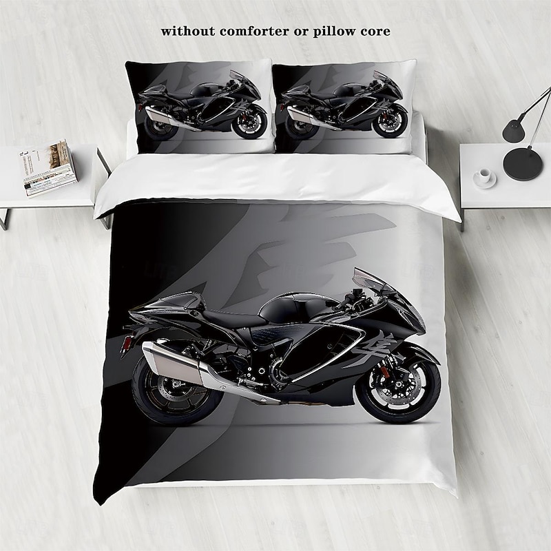 Alloy Motorcycle Duvet Cover Set - Includes Duvet Cover and Pillowcases - Bold and Stylish Motorcycle Design - Soft and Durable Fabric