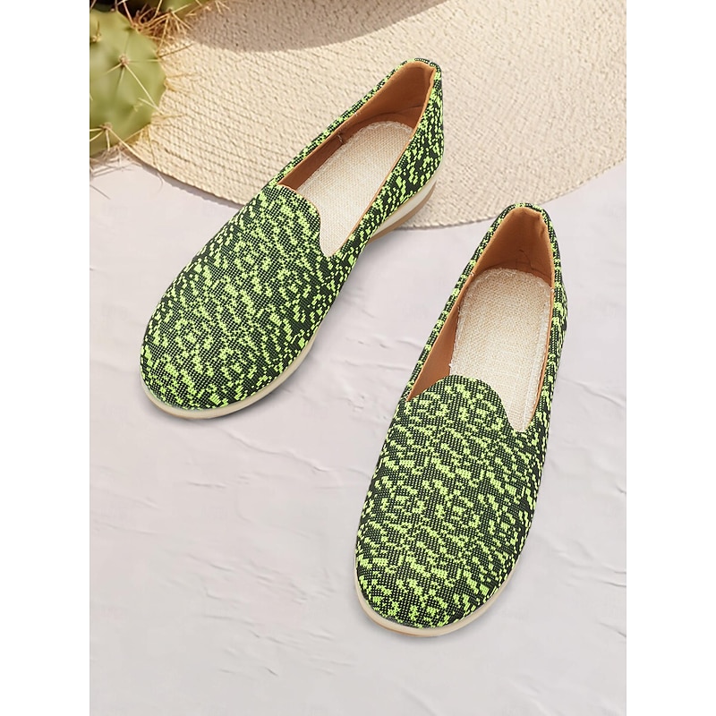 Women's Neon Green Patterned Slip-On Loafers with Breathable Mesh for Casual and Summer Wear