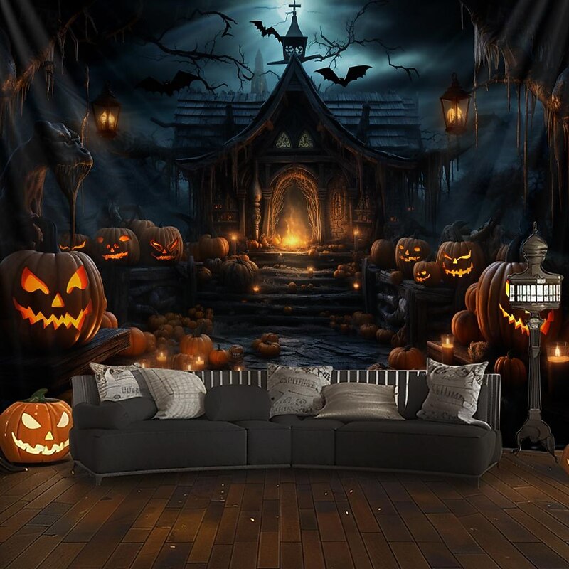 Halloween Decorations Hanging Tapestry Evil Pumpkins Jack O Lantern Wall Art Large Tapestry Mural Decor Photograph Backdrop Blanket Curtain Home Bedroom Living Room2