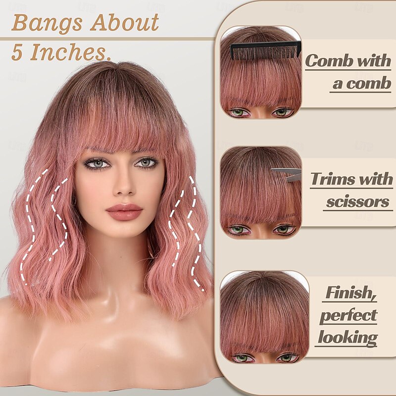 Short Curly Wigs with Fringe Wavy Bob Wigs for Women Heat Resistant Synthetic Wigs Shoulder Length Wigs Halloween Cosplay Party Wigs2