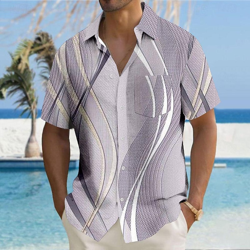 Men's Geometric Lines / Waves Geometric Pattern Button Up Shirt Printed Shirts Short Sleeve Hawaiian Resort Outdoor Business / Ceremony / Wedding Summer Turndown Print Button-Down Purple