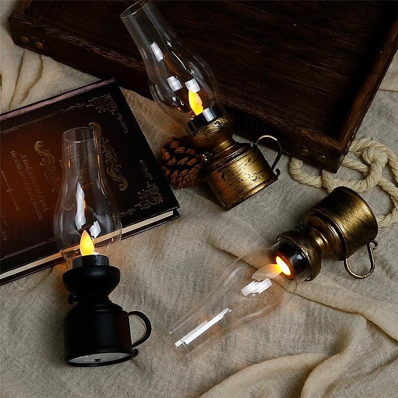 LED Electronic Candle Light Retro Kerosene Lamp Simulation Nostalgic Ornament Atmospheric Feeling Small Night Light Candle Holder Decoration Holiday Party Atmosphere Light  1PC3
