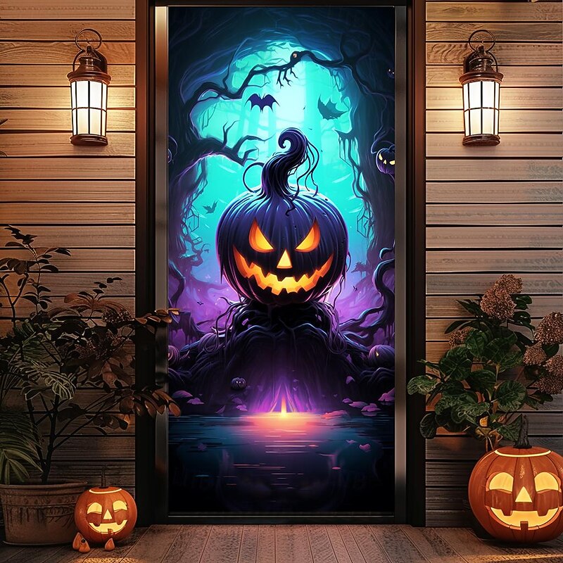 Halloween Door Decorations Halloween Door Covers Jack O Lantern Pumpkin Castle Door Tapestry Door Curtain Decoration Backdrop Door Banner for Front Door Farmhouse Holiday Party Decor Supplies3