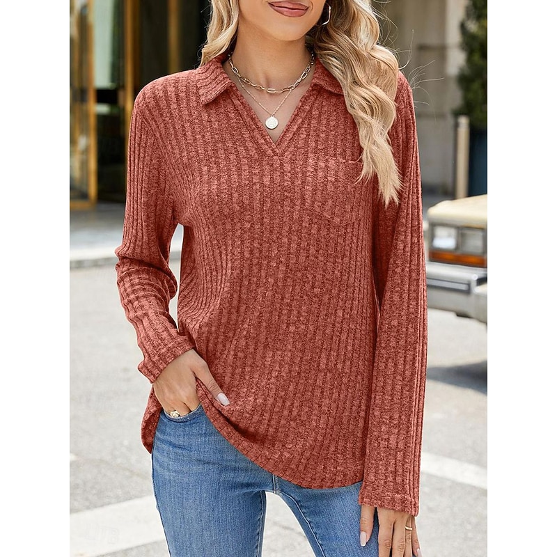 Women's T Shirt Casual Solid Color Long Sleeve Long Tops Shirt Collar Daily Black Wine Blue Khaki Spring Fall3