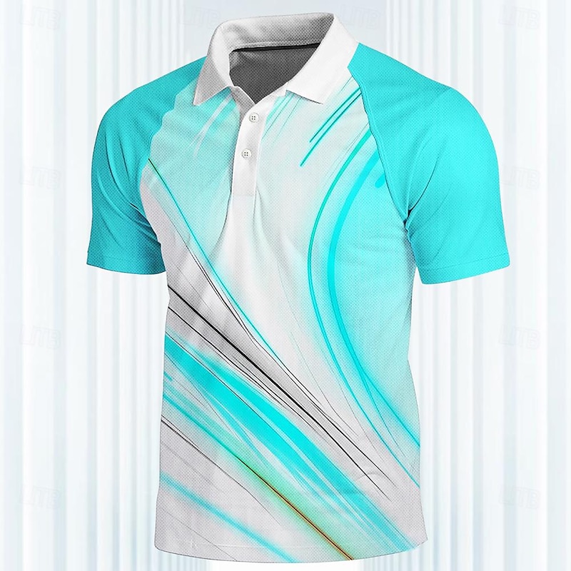 Men's Striped Sports Polo Shirts Golf Shirt Short Sleeve Polo Shirts Collared Shirts Casual Sportswear Vacation Wear 3D Print Buttons Spring & Summer Mint Green