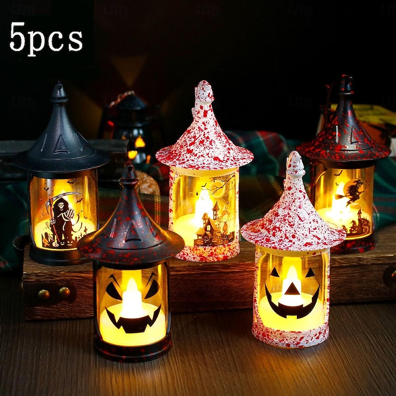 Halloween Pumpkin Lantern Electronic Candle Light Jack O Lantern Light Up Pumpkin Night Lamp Wind Lamp Grimace Pattern Halloween Party Atmosphere Decoration 1/3/5pcs4