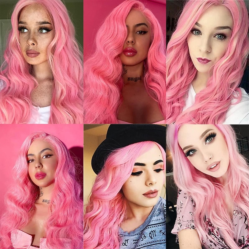 Pink Wig - Long Pink Wavy Wigs for Women Middle Part Pastel Pink Wig 26 inch Natural Curly Synthetic Wig Heat Resistant Fiber Wigs for Daily Party Use Halloween Wigs3