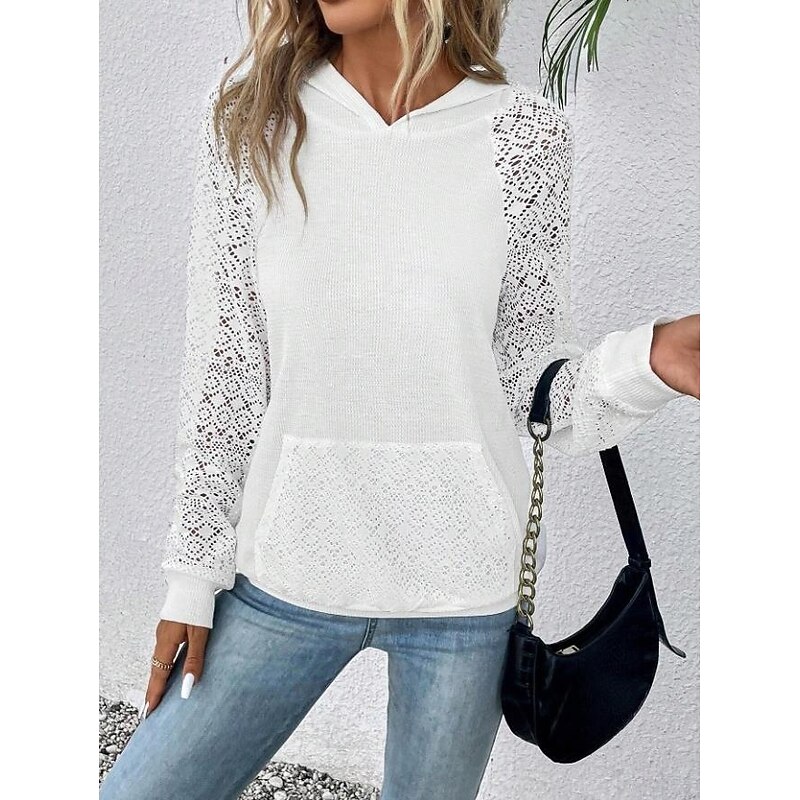 Women's Pullover Casual Plain Dailywear Sports Hooded Pocket Long Sleeve Black White Spring Fall & Winter2