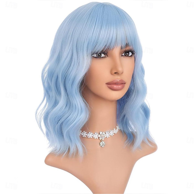 Wig Short Bob Wig Short Blue Wigs for Women Curly Wavy Wig with Air Bangs Heat Resistant Synthetic Hair Wigs for Daily Use Halloween Cosplay Party Wigs2