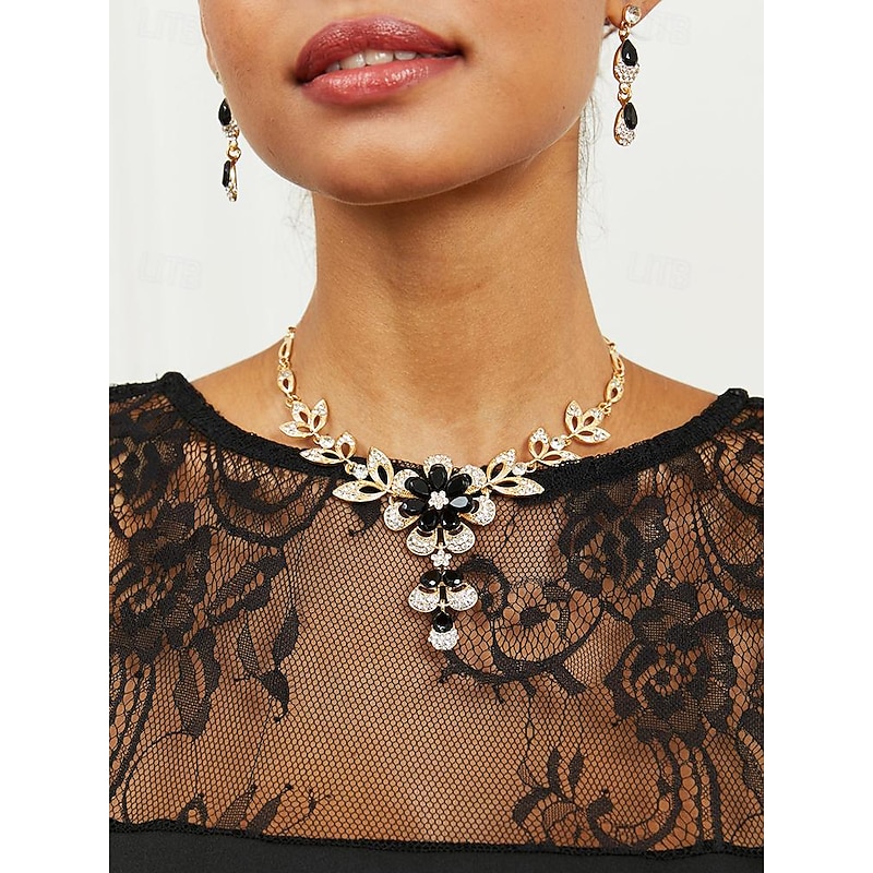 Elegant Jewelry Set with Black Gemstones and Crystals - Gold-Tone Necklace and Earrings for Evening Wear and Special Occasions2