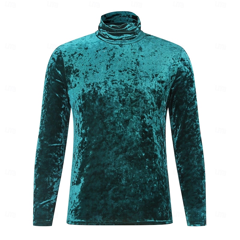 Men's Velvet Tee Long Sleeve Shirt Mock Turtleneck Long Sleeve Turtleneck Summer Solid Color Daily Hawaiian Buttons Outdoor Street Causal Black White Green Top Tee for Men2