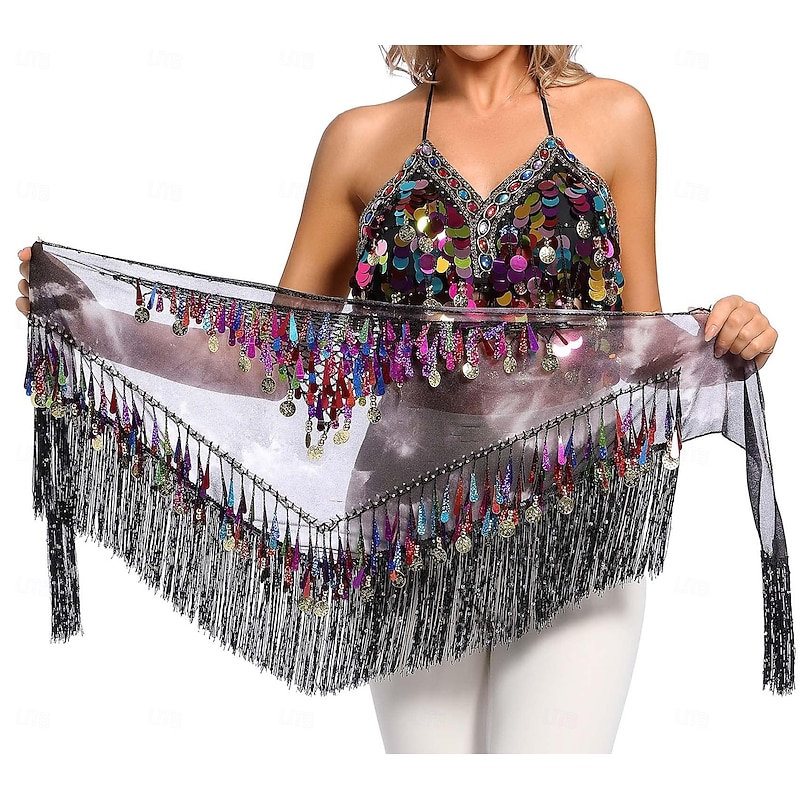 Belly Dance Hip Scarf with Tassels Sequins, Triangle Coins Wrap Skirt Music Festival Clothing3