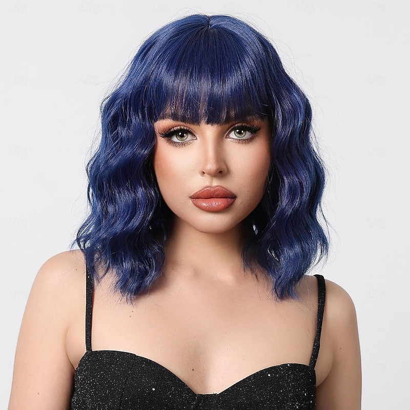 Synthetic Wig Uniforms Career Costumes Princess Curly Wavy Middle Part Layered Haircut Machine Made Wig 22 inch Royal Blue Synthetic Hair Women's Cosplay Party Fashion Blue Halloween Wigs