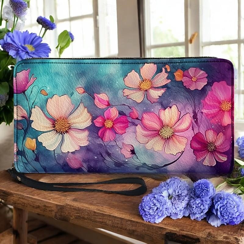 Women's Wallet Coin Purse Credit Card Holder Wallet PU Leather Shopping Daily Holiday Zipper Large Capacity Durable Flowers Light Red Purple