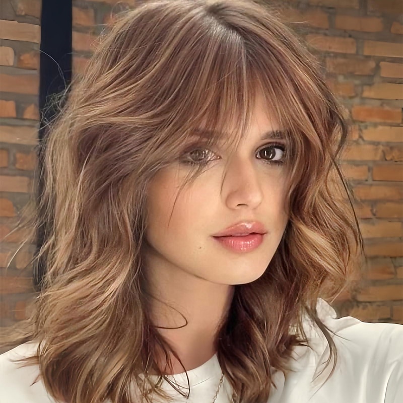 Short Curly Wigs with Fringe,Wavy Bob Wigs for Women Heat Resistant Synthetic Blonde Wigs Shoulder Length Wigs Natural Looking Ombre Light Brown